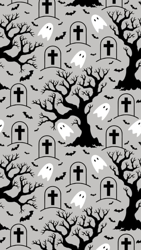 halloween wallpaper background image consisting of ghost and graveyard doodles on gray backdrop