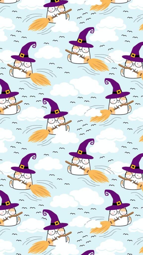 halloween wallpaper background image consisting of kawaii cat in halloween witch outfit with brooms flying in blue sky