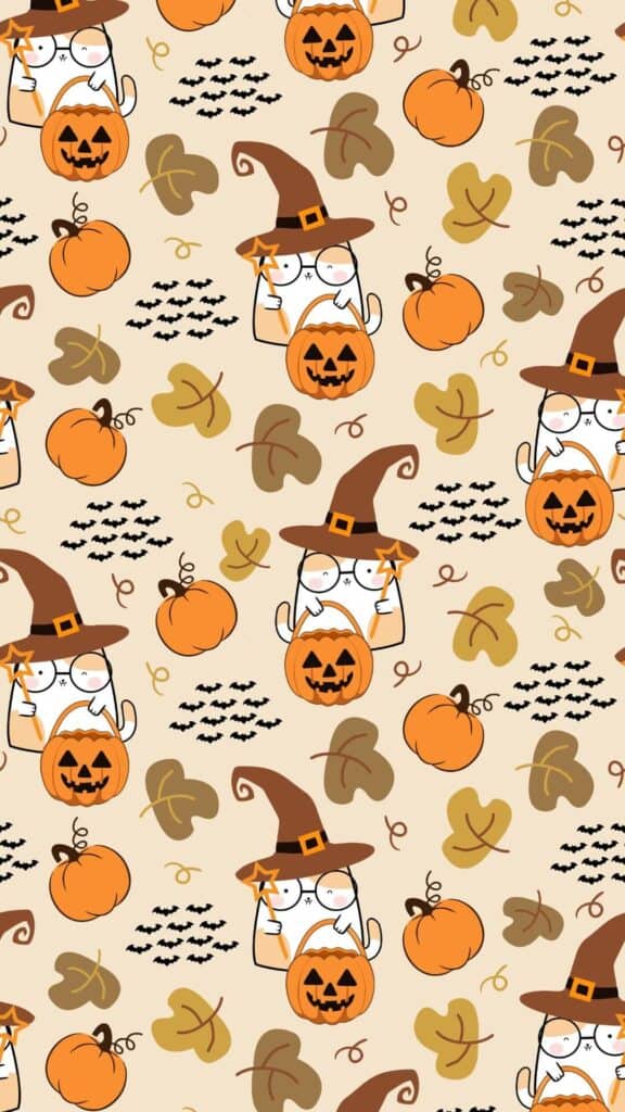 halloween wallpaper background image consisting of fall kawaii halloween kitty designs with pumpkins