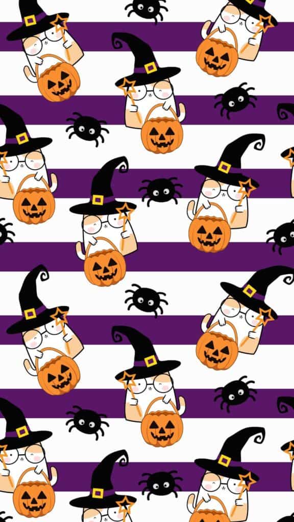 halloween wallpaper background image consisting of purple and white stripes with kawaii witch cat and spiders