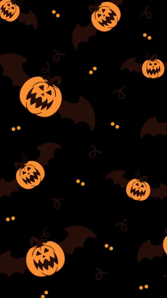halloween wallpaper background image consisting of pumpkins and bats on black backdrop