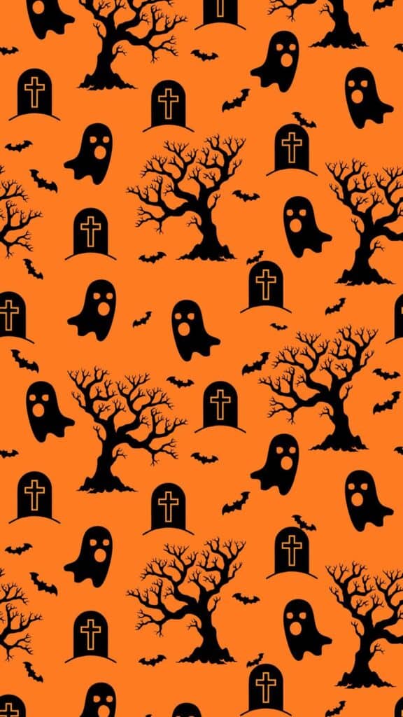 halloween wallpaper background image consisting of black graveyard drawings on orange backdrop