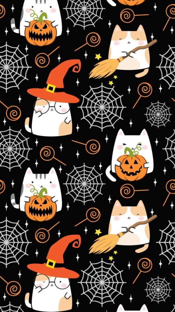 halloween wallpaper background image consisting of kawaii halloween cats on spiderweb backdrop