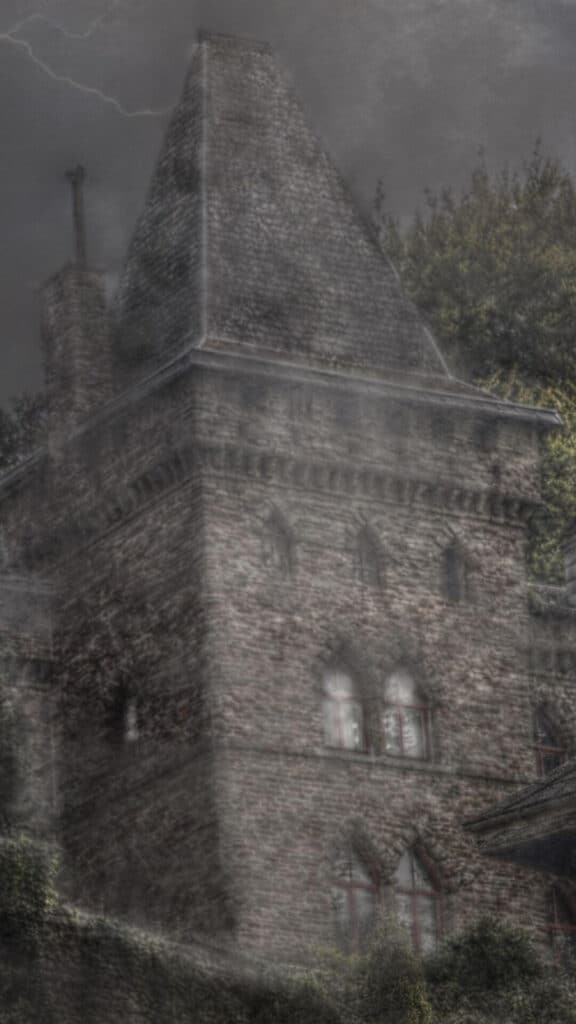 halloween wallpaper background image consisting of closeup of spooky castle art